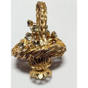 Rhinestone Basket Flower Pin Brooch Vintage Miniature Figurine Easter